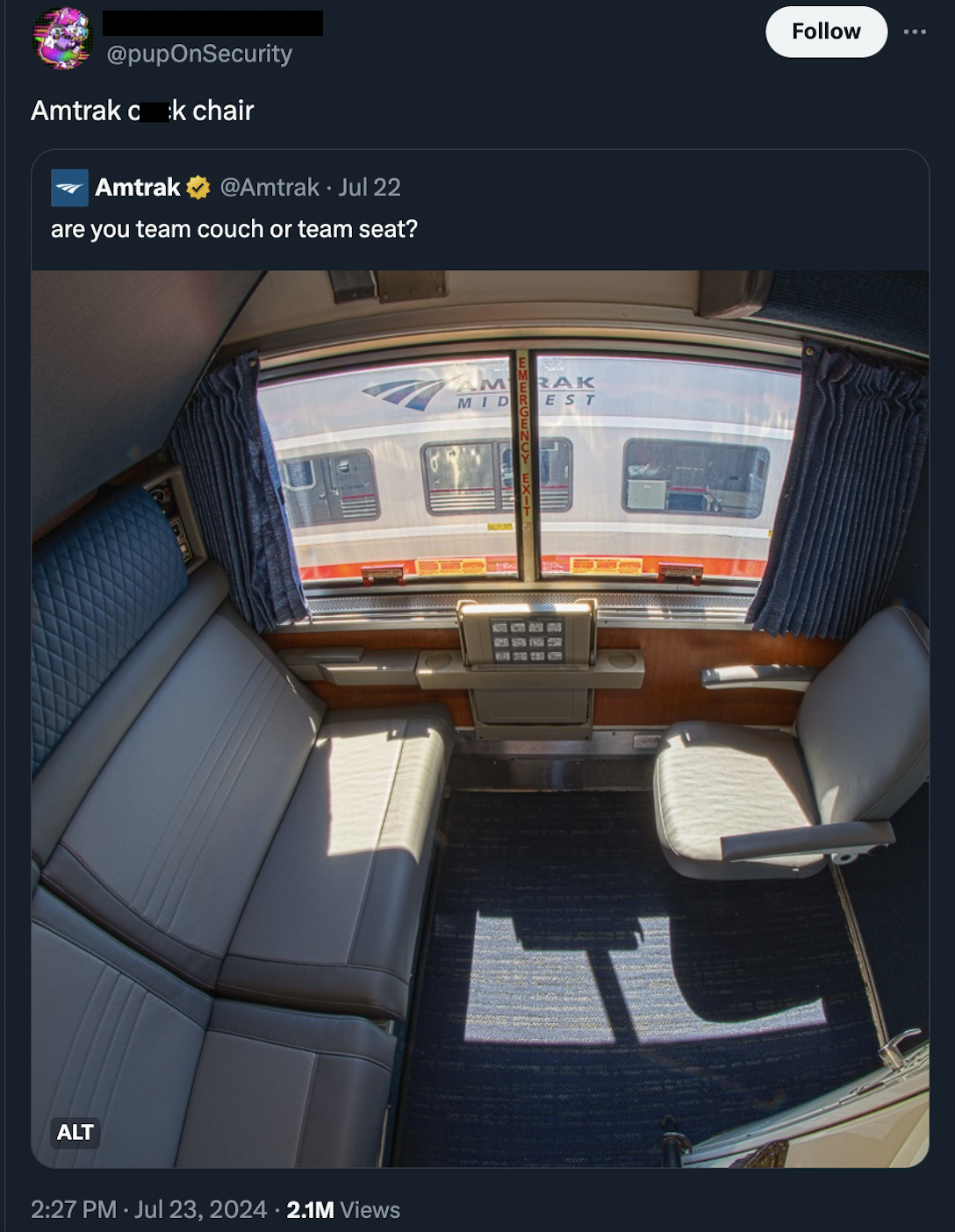 luxury yacht - Amtrak ck chair Amtrak Jul 22 are you team couch or team seat? Alt 2.1M Views Mrak Mid